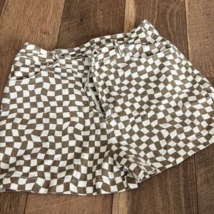 Checkered print denim shorts
